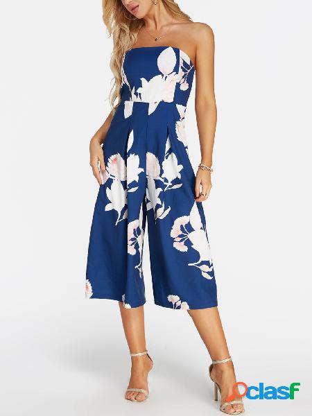 Navy Random Floral Print Off Shoulder Jumpsuit
