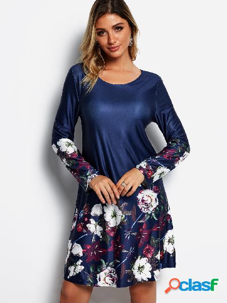 Navy Random Floral Print Round Neck Long Sleeves Mini Length