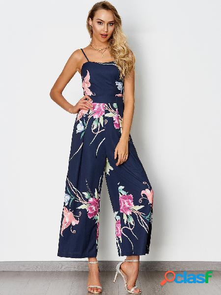 Navy Self-tie Design Random Floral Print Sleeveless Jumpsuit