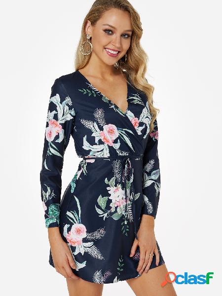 Navy Slit Design Random Floral Print V-neck Long Sleeves