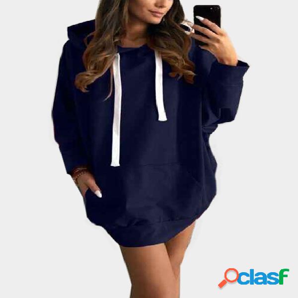 Navy Solid Color Long Sleeves Hoodie Dress