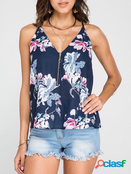Navy Zip Design Floral Print V-neck Sleeveless Camis