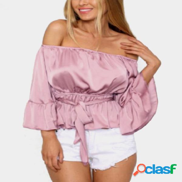 Pink Elastic Strap Off The Shoulder Long Sleeves Drawstring