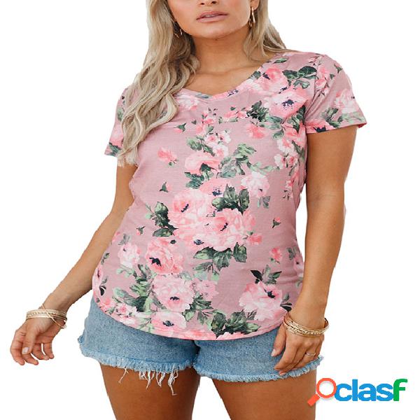 Purple V-neck Short Sleeves Floral Print Curved Hem Tee