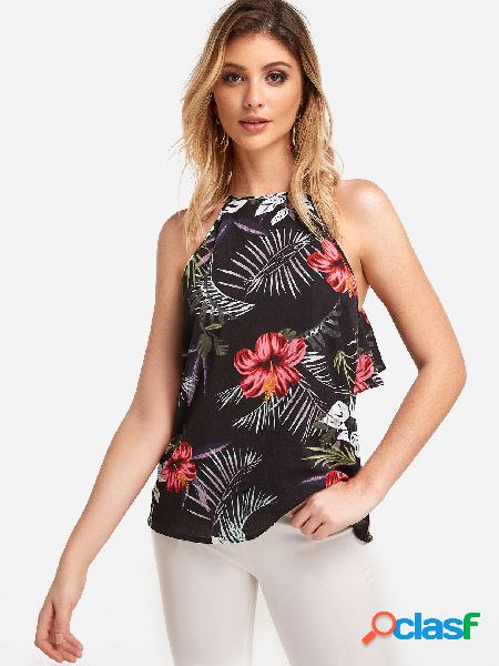 Random Floral Print Back Hook Eye Closure Halter Camis