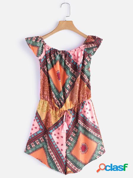 Random Floral Print Off Shoulder Drawstring Waist Playsuits