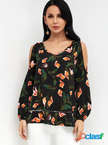 Random Floral Print V Neck Cold Shoulder Long Sleeves Blouse