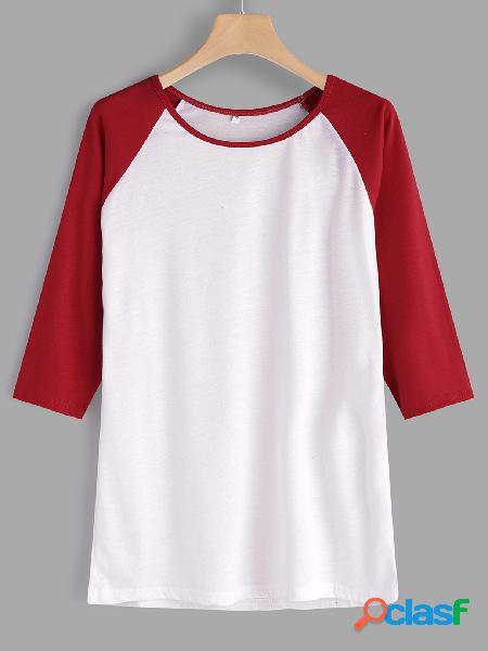 Red Plain Crew Neck 3/4 Length Sleeves T-shirt