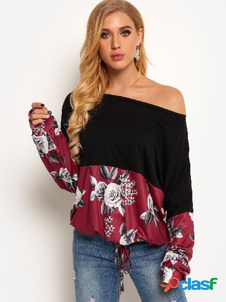 Red Random Floral Print One Shoulder Long Sleeves Stitching