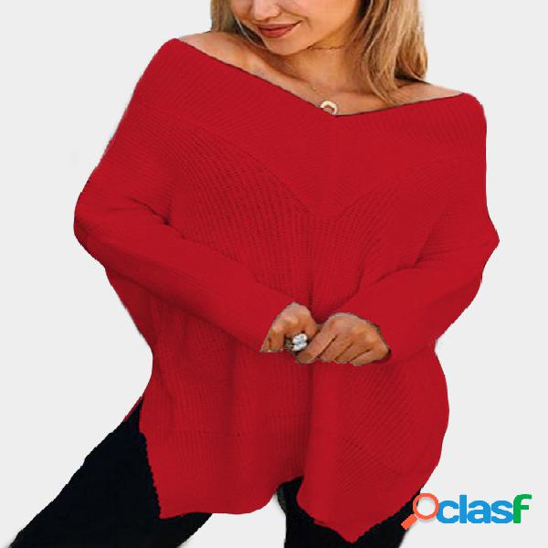 Red V-neck Slit Hem Loose Sweaters