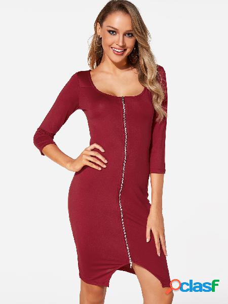 Red Zip Design 3/4 Length Sleeves Midi Dress