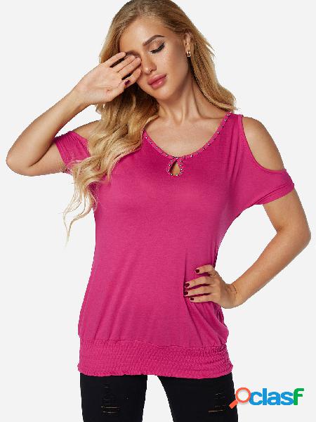 Rose Crew Neck Cold Shoulder Stud Details Top