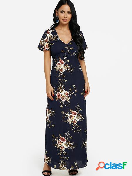 Royal V-neck Cinched Waist Floral Maxi Dress