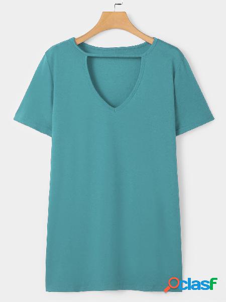 Sky Blue Solid Color V-neck Short Sleeves T-Shirt Dresses