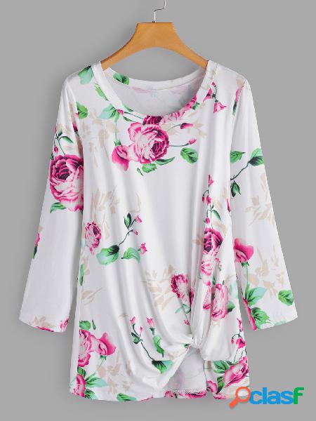 White Crossed Front Design Floral Print Round Neck Long