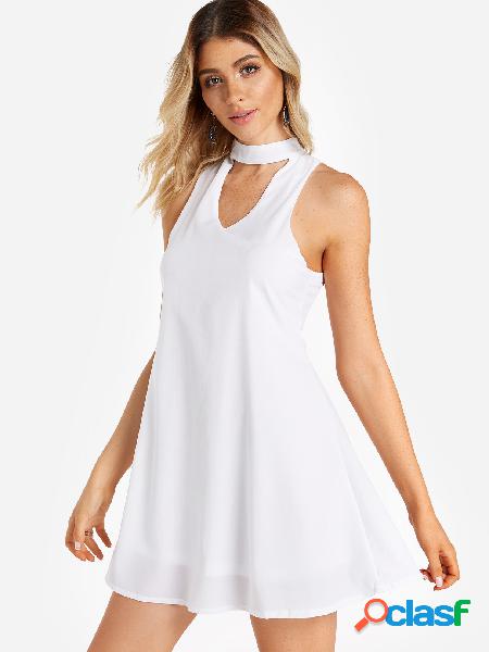 White Cut Out Details A Line Tiered Perkins Neck Sleeveless