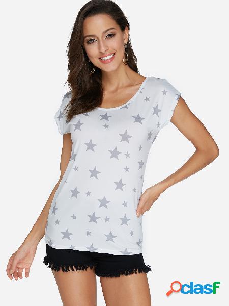 White Floral Print Round Neck Cap Sleeves T-shirts