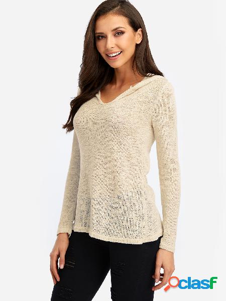 White Hooded Design V-neck Long Sleeves T-shirt