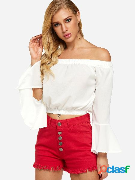 White Off The Shoulder Bell Sleeves Crop Top