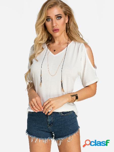 White Pleated Design Cold Shoulder V-neck T-shirt