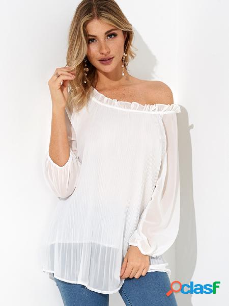 White Pleated Design Round Neck Long Sleeves Blouse