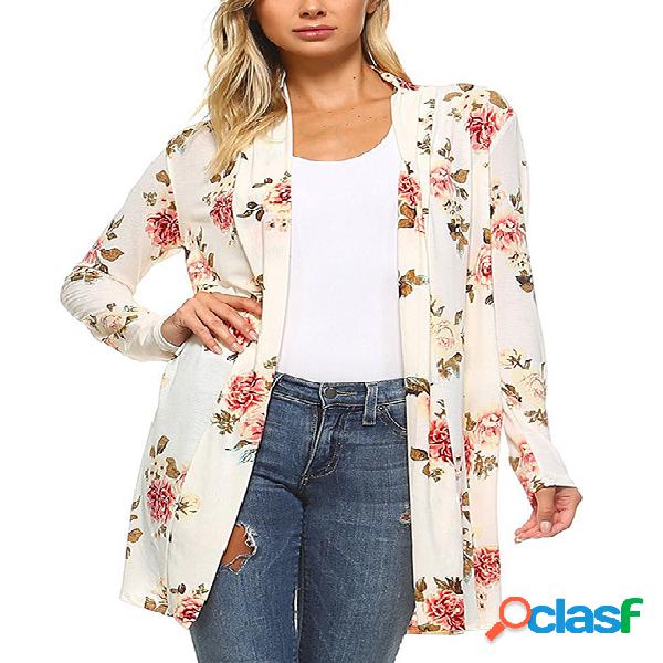 White Random Floral Print Long Sleeves Cardigan