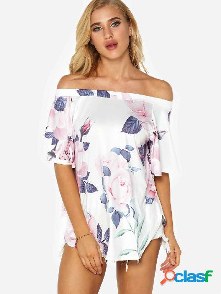 White Random Floral Print Off The Shoulder Curved Hem Blouse