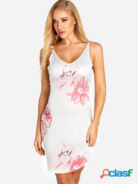 White Random Floral Print V Neck Mini Length Dress