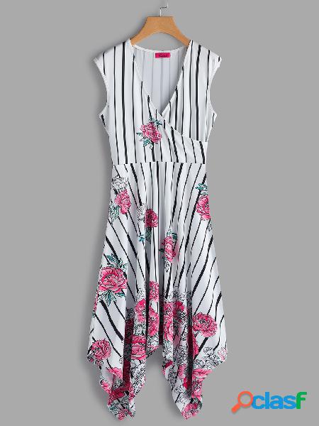 White Random Floral Print V-neck Sleeveless Midi Dress