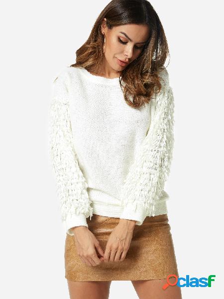 White Tassel Details Plain Crew Neck Long Sleeves Sweaters