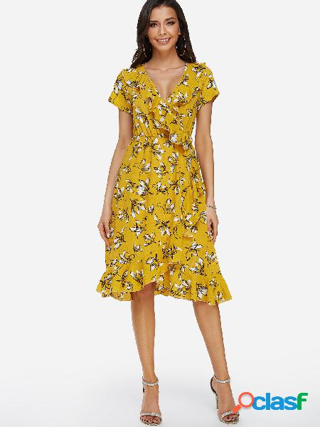 Yellow Random Floral Print V-neck Short Sleeves Flounced Hem