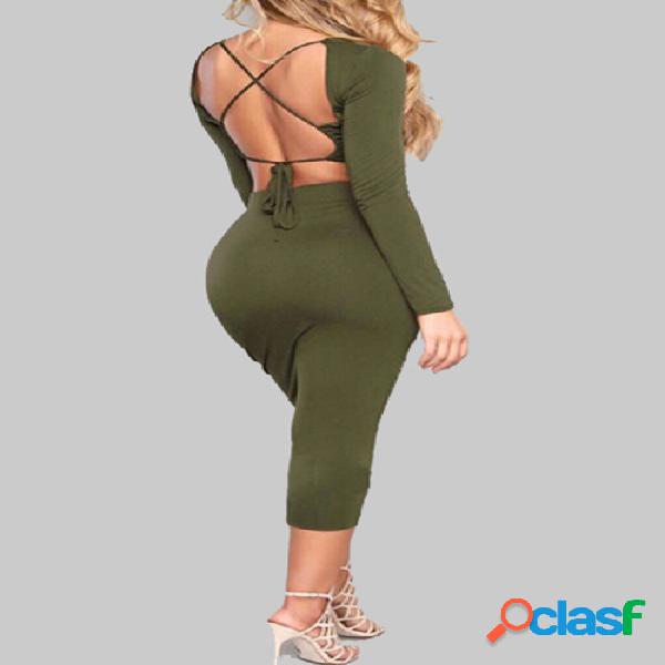 Army Green Backless Design Long Sleeves Crop Top & Midi