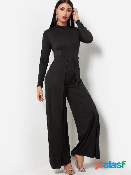 Black Casual Mock Neck High-waist Overlay Wide Leg Jumpsuit