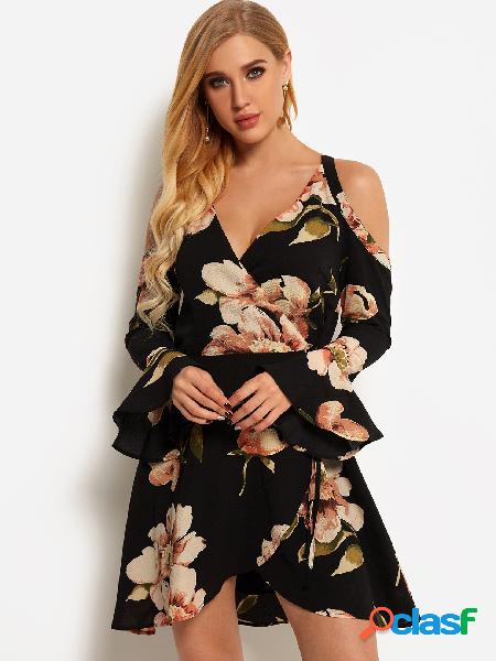 Black Criss-cross Random Floral Print Cold Shoulder Bell