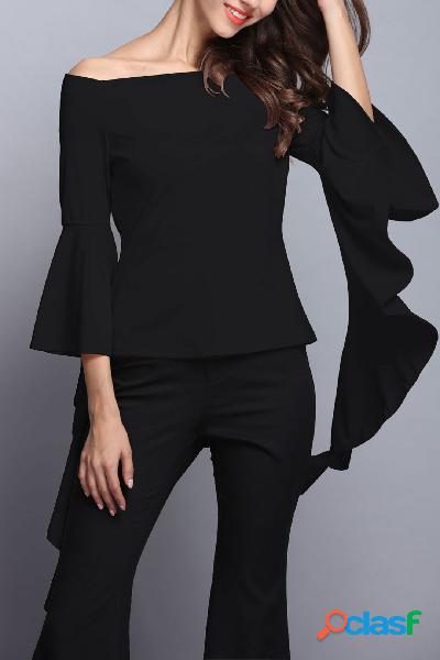 Black Off Shoulder Flared Sleeves Zipper Back Design Blouse