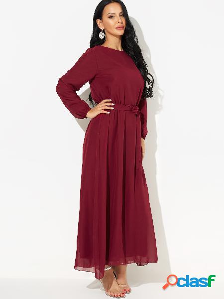 Burgundy Round Neck Self-tie Chiffon Maxi Dress