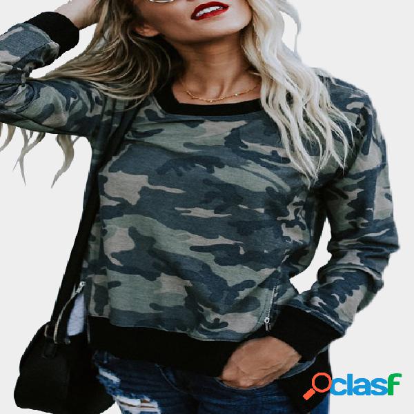 Camouflage Slit Side Round Neck Long Sleeves Sweatshirt