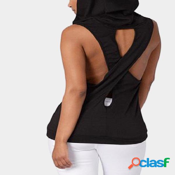 Casual Cross at Back Sleevless Hoodie Sweatshirt in Black