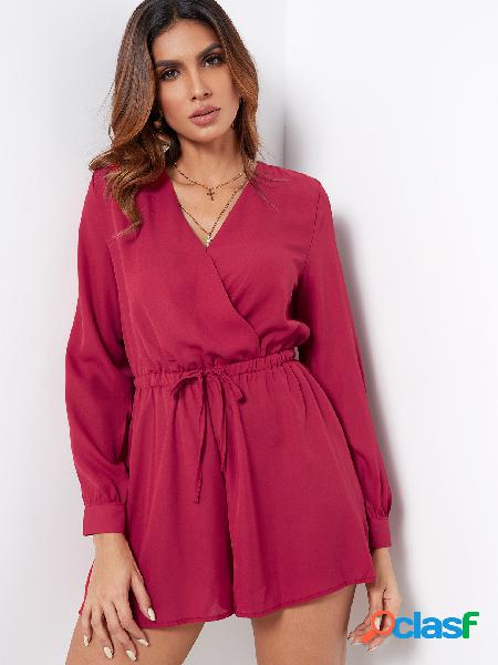 Chiffon V-neck Cross front Playsuit in Burgundy