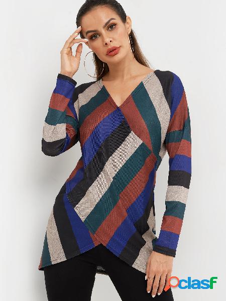 Colorful Stripe Block V-neck Cross Front T-shirts