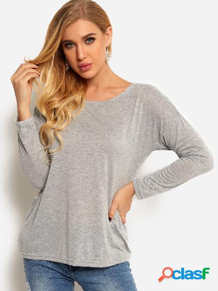 Grey Backless Design Crew Neck Long Sleeves T-shirt