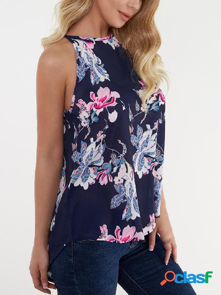 Navy Random Floral Print Round Neck Cami