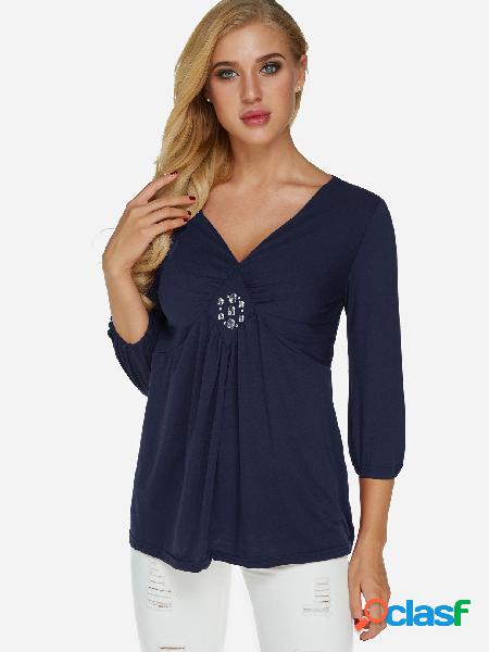 Navy Sequins Embellished Plain V-neck Long Sleeves Pleated