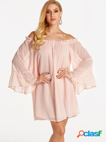 Pink Bateau Flared Sleeves See Through Chiffon Mini Dress