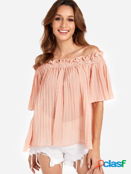 Pink Pleated Design Plain Off The Shoulder Half Sleeves