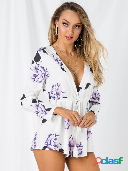 Plunge V-neck Floral Print Playsuit with Long Sleeves