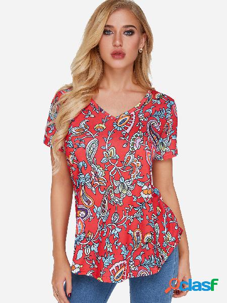 Random Floral Print V-neck Short Sleeves T-shirt