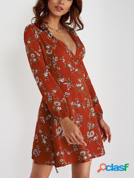 Rust Cross Front Deep V-neck Floral Print Mini Dress