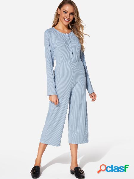 Sky Blue Button Design Round Neck Long Sleeves Jumpsuit