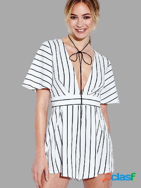 V-neck Stripe Self-tie Back Romper